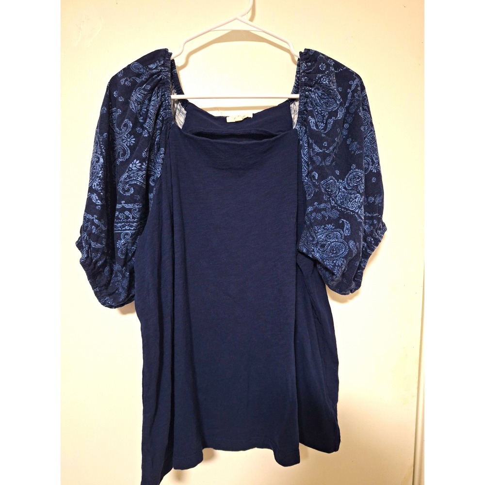 Maurices Women XXL Blue Paisley Puff Sleeve Square Neck Blouse Top 100% Cotton